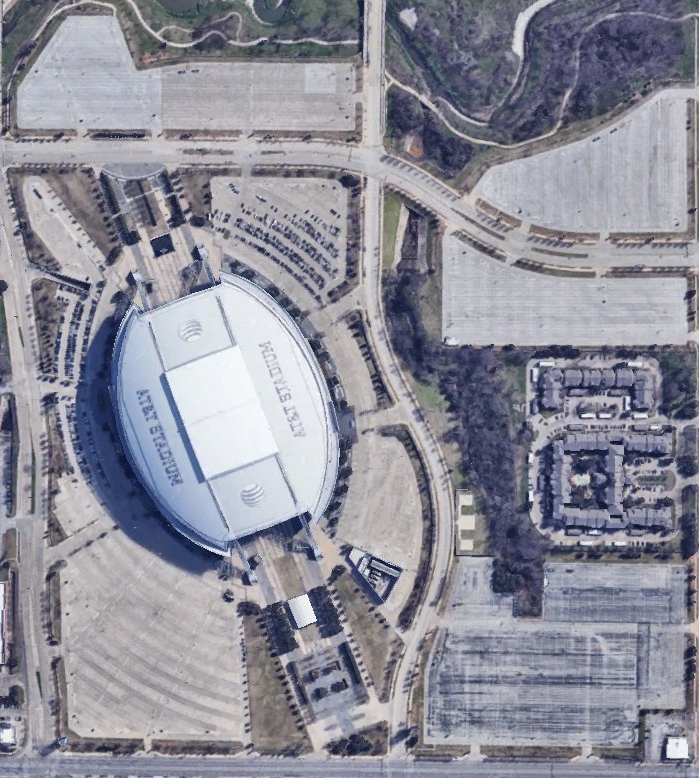 AT&T Stadium in Arlington, TX. The stadium is surrounded by seven parking spots.