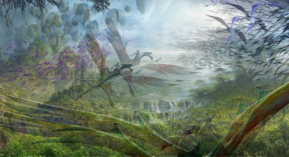 A piece of promotional art from Avatar Flight of Passage. Two blue humanoid cat creatures ride on the backs of two large dragon animals. On either side they are flanked by flocks of bird-like animals. beneath them is a lush forest and waterfall. This picture has been superimposed upon itself to give it a double image.
