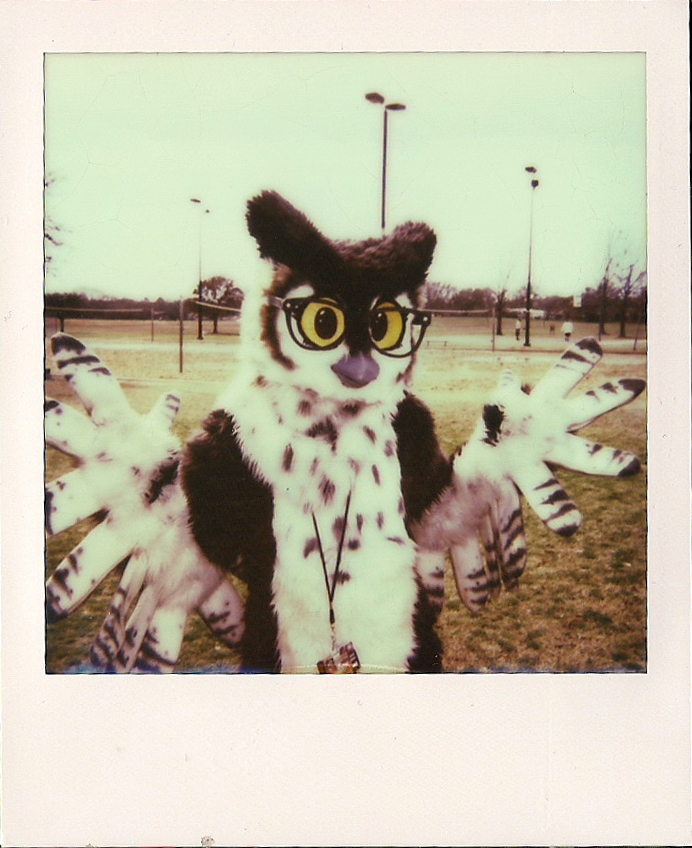 Owl fursuiter a the Arlington Furmeet, Feb 2013.<br>Polaroid Spirit 600, Impossible Project film.
